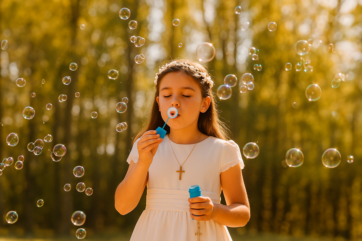 Niña de Comunión con pompas de jabón