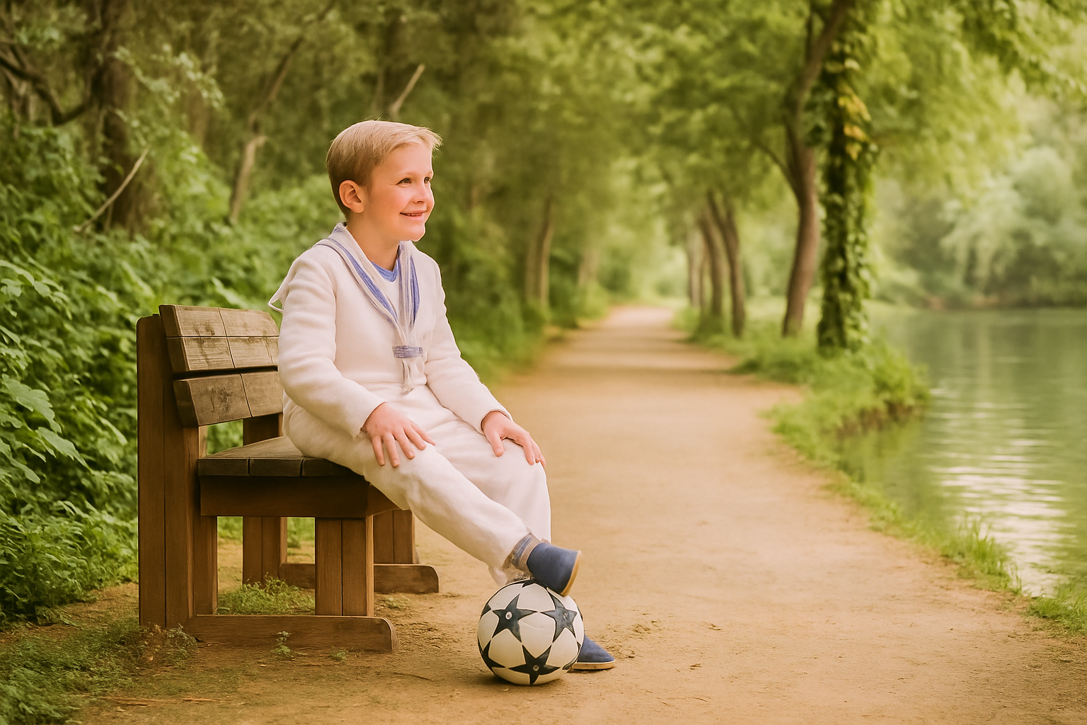 Niño de Comunión sentando en un banco con una pelota